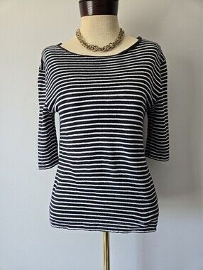 Vince Linen Navy and White Striped Half Sleeve Top. Size Medium
